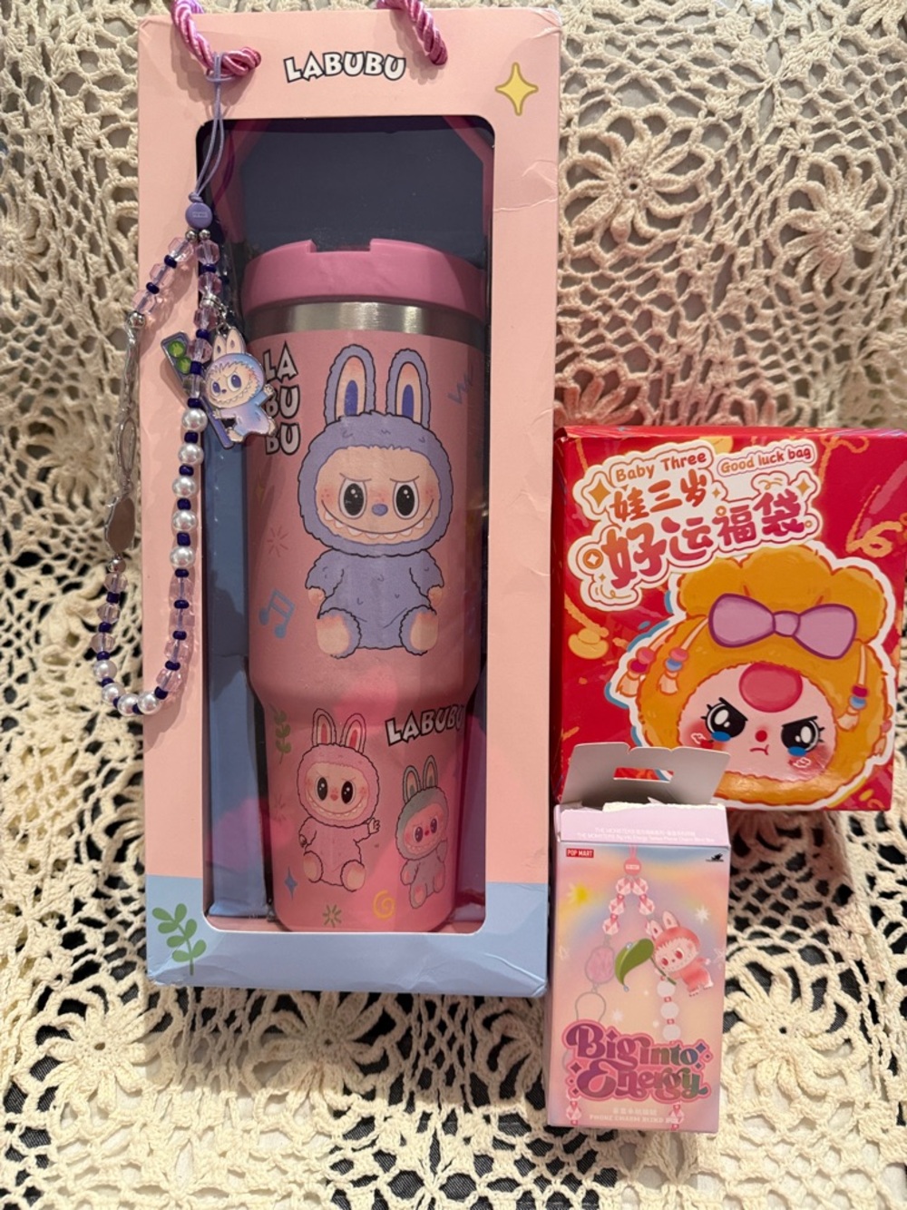 LABUBU Pink Cute Bunny Stainless Steel Tumbler/Phone Charm/Baby Three Good Luck
